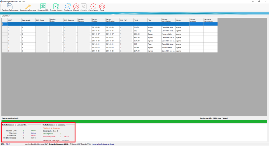 Barra de estado y estadísticas