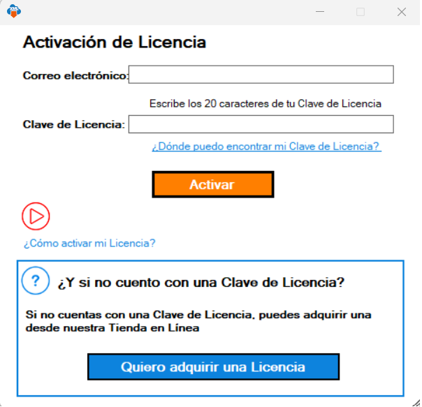 interfaz de actrivacion de licencia escribe tu correo electronico y tu clave de licencia, despues da clic en activar
