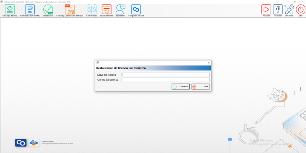pantalla de restauracion de licencia por formateo, ingresa en el campo superior tu clave de licencia y en el inferior tu correo electronico, da clic en continuar o salir