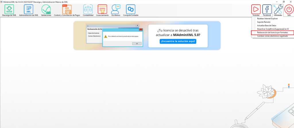 menu principal de miadminxml se resalta el menu utilidades y la opcion restauracion de licencia por formateo
