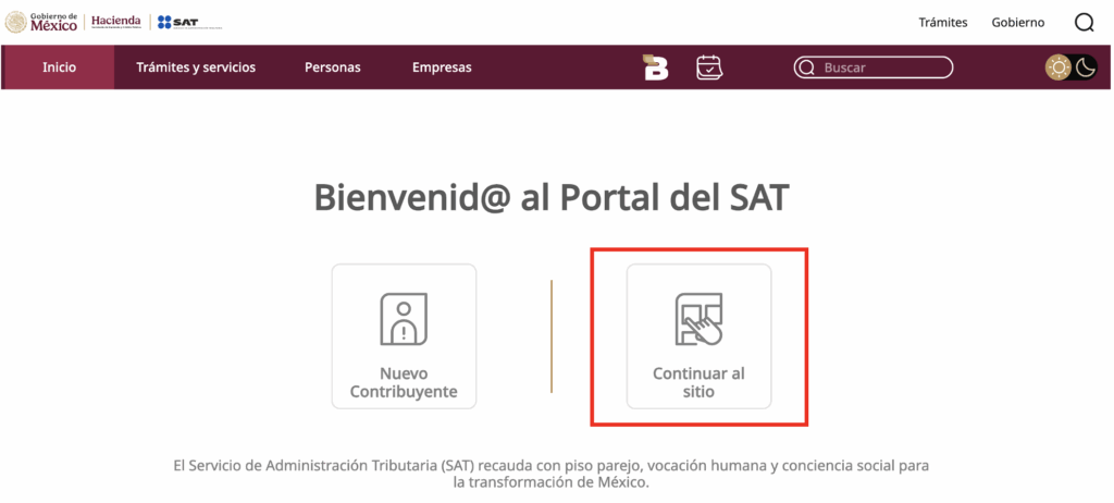 bienvenido al portal del sat, da clic en continuar al sitio