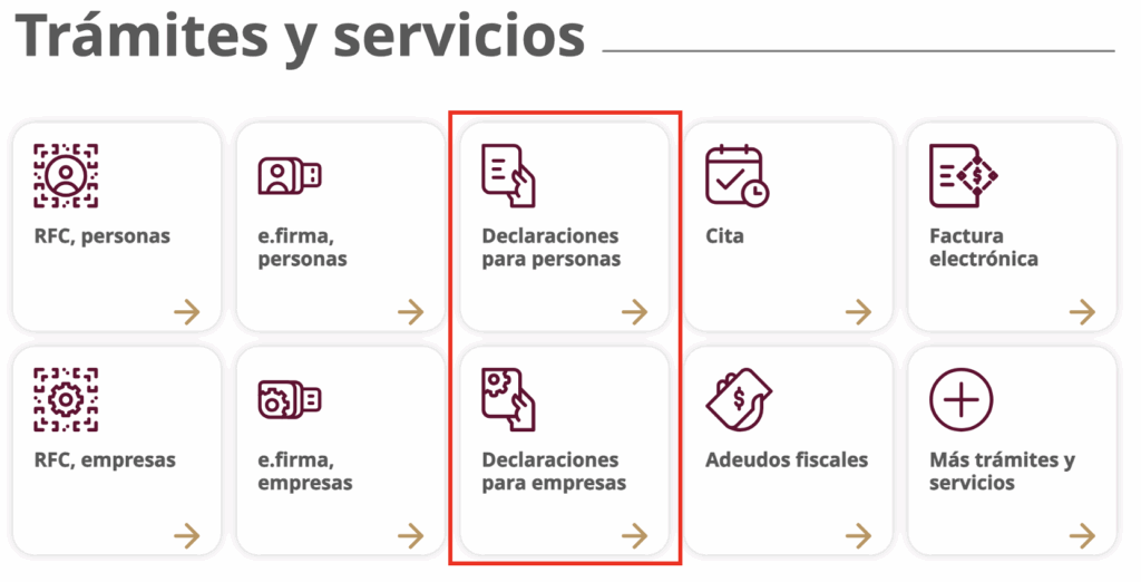 da clic en declaraciones para empresas o declaraciones para personas