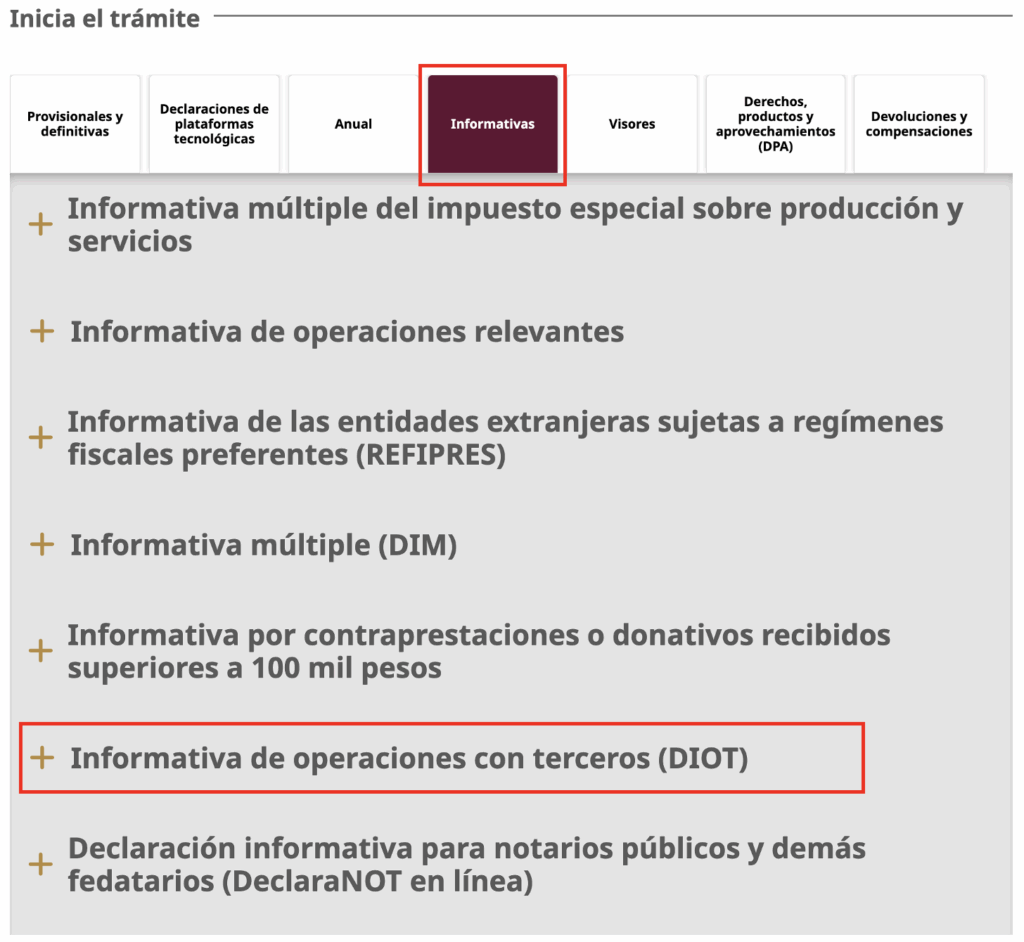 Opciones de la sección informativas, selecciona diot