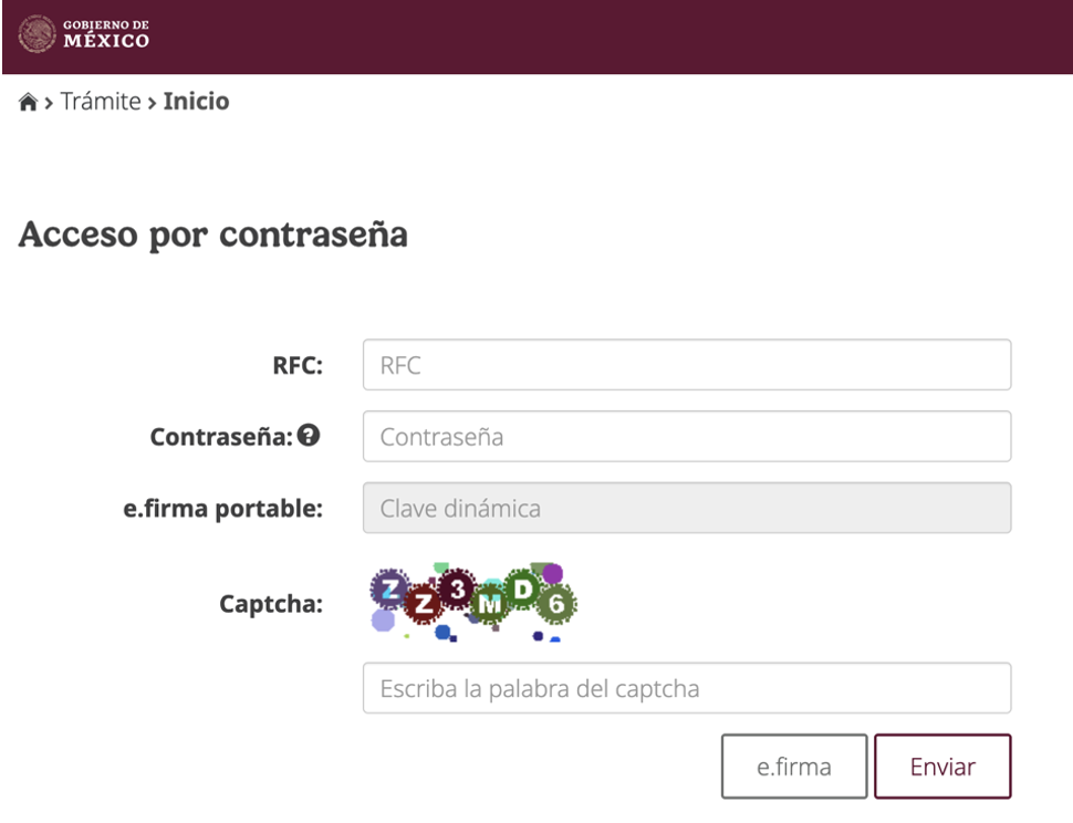 Formulario para ingresar contraseña sat