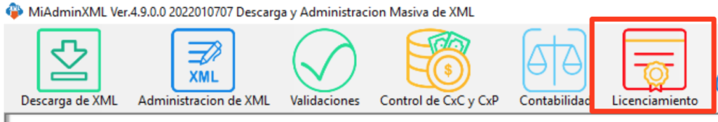 menu principal de miadminxml se resalta la opcion licenciamiento