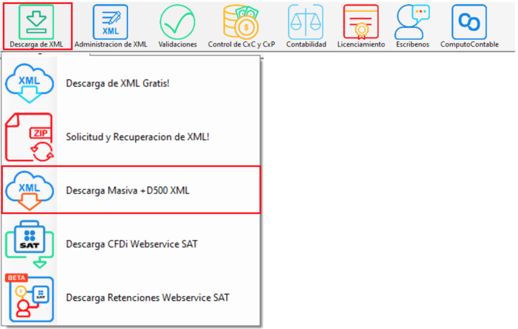 Menú Descarga de XML